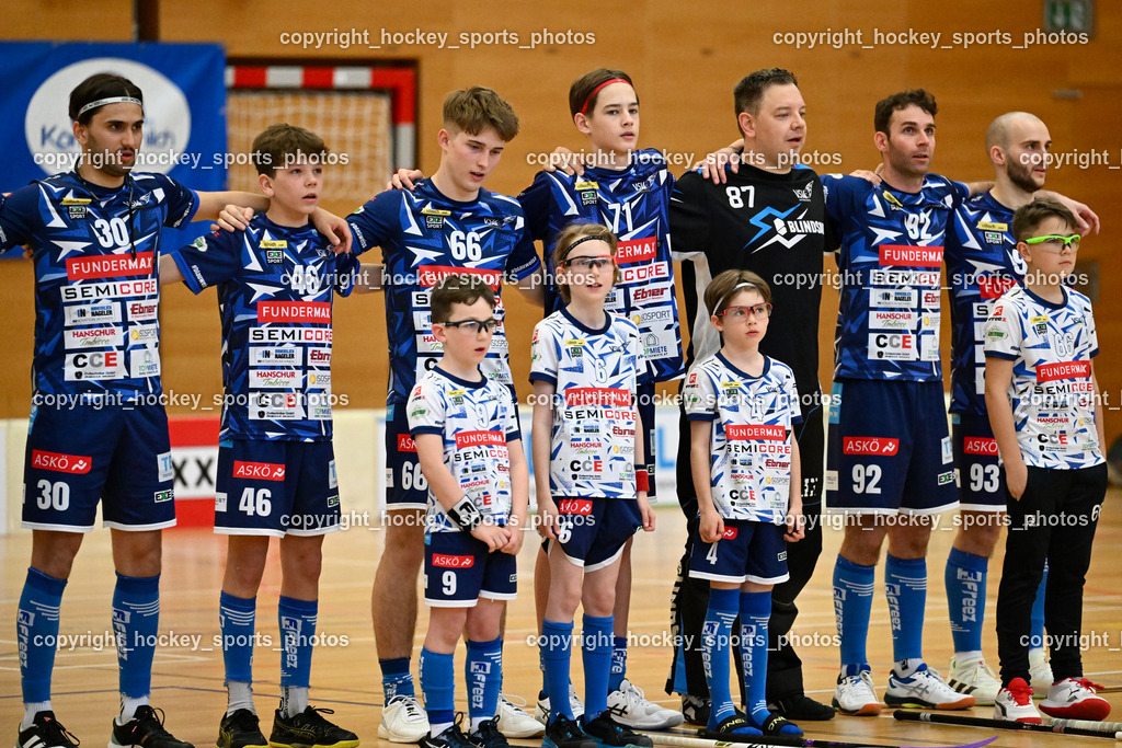 VSV Unihockey vs. Wiener Floorballferein 6.4.2024 | #30 Christoph Steiner VSV Unihockey, #46 Elias Kronig VSV Unihockey, #66 Jakob Rainer VSV Unihockey, #71 Leon Widnig VSV Unihockey, #87 Timmo Taurer VSV Unihockey, #92 Ingolf Gunnar Natmessnig VSV Unihockey, #93 Laurin Illing VSV Unihockey, VSV Unihockey vs. Wiener Floorballferein 6.4.2024, VSV Unihockey vs. Wiener Floorballferein  am 06.04.2024 in Villach (Ballspielhalle St. Martin), Austria, (Photo by Bernd Stefan)