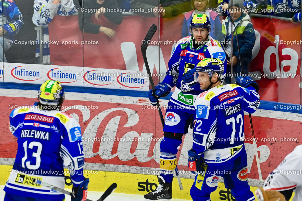 EC IDM Wärmepumpen VSV vs. Pioneers Vorarlberg | Jubel EC VSV Mannschaft, #13 Adam Helewka EC VSV, #91 Nick Hutchison EC VSV, #72 John Hughes EC VSV, EC IDM Wärmepumpen VSV vs. Pioneers Vorarlberg, EC IDM Wärmepumpen VSV vs. Pioneers Vorarlberg am 22.02.2026 in Villach (Stadthalle Villach), Austria, (Photo by Bernd Stefan)