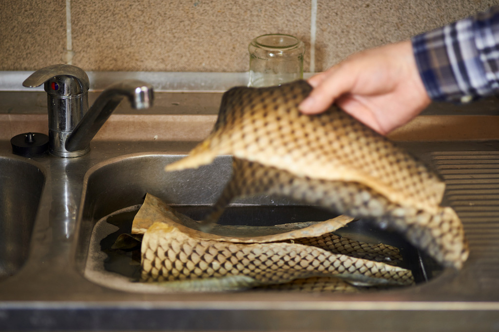 Yupitaze Fischtextil | Litschau, Austria - April 02, 2016: Yupitaze Fischtextil; das Fischleder wird mit einer speziellen Flüssigkeit präpariert um es haltbar zu machen. - Realisiert mit Pictrs.com