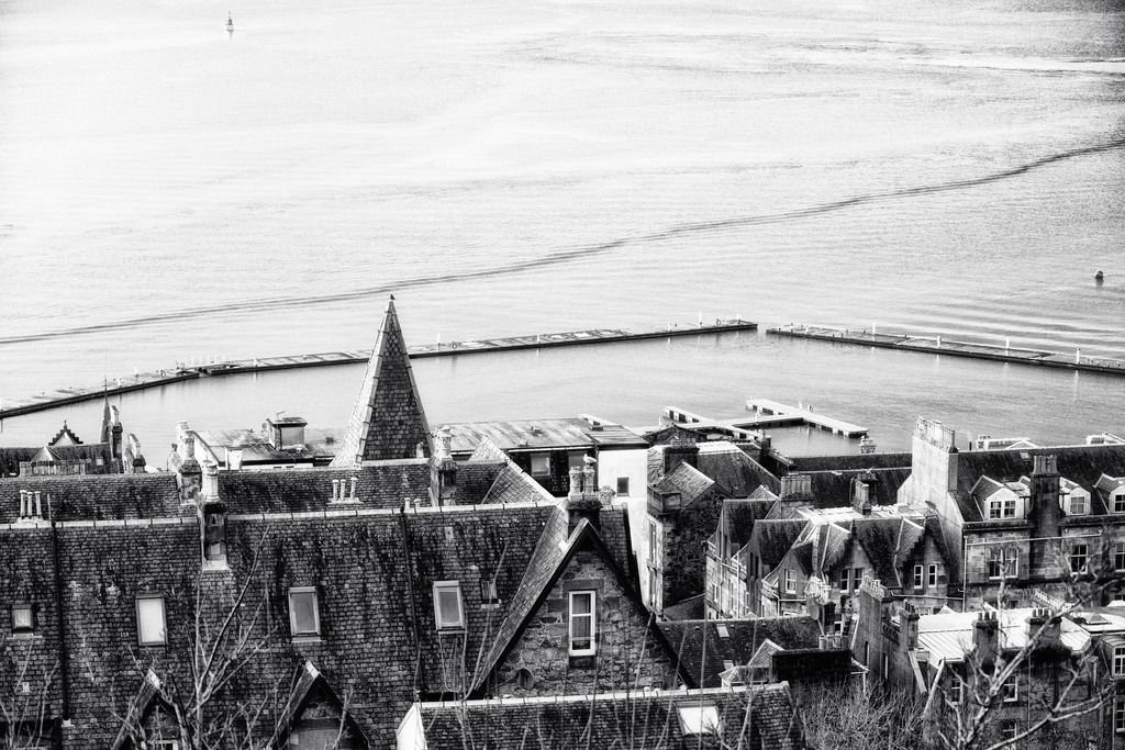 Oban | Eine erhöhte Perspektive offenbart die charakteristischen Schieferdächer und Schornsteine der Küstenstadt Oban. Im Vordergrund prägen verzweigte Äste die Komposition, während sich im Hintergrund die ruhige Wasseroberfläche des Meeres mit einer langen Mole erstreckt. Die Schwarz-Weiss-Darstellung betont die Texturen und Formen der Architektur und der Landschaft. - Realisiert mit Pictrs.com