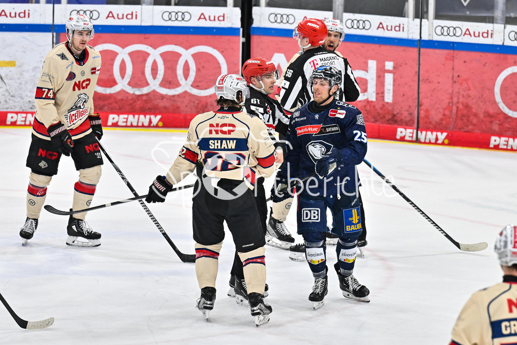 ERC Ingolstadt - Nuernberg Ice Tigers | Nach der Partie haben sich Hayden SHAW (Nuernberg Ice Tigers 82) und Leon HUETTL (ERC Ingolstadt 25) noch ein paar Worte zu sagen / fight / kampf / Faustkampf / DEL: ERC Ingolstadt - Nuernberg Ice Tigers, Saturn-Arena am 26.03.2025