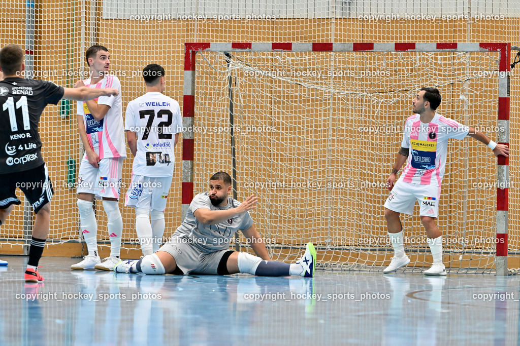Carinthia Flamengo Futsal Club vs. FC Ljuti Krajisnici | #11 Kenan Ramic FC Ljuti Krajisnici, #2 Faris Buljubasic Carinthia Flamengo, #72 Armin Kahvedzic Carinthia Flamengo, #1 Youssef Helal Carinthia Flamengo, #70 Yosifov Svetlozar Angelov Carinthia Flamengo, Carinthia Flamengo Futsal Club vs. FC Ljuti Krajisnici, Carinthia Flamengo Fusal Club vs. FC Ljuti Krajisnici am 12.10.2025 in Klagenfurt (Ballspielhalle Viktring), Austria, (Photo by Bernd Stefan)