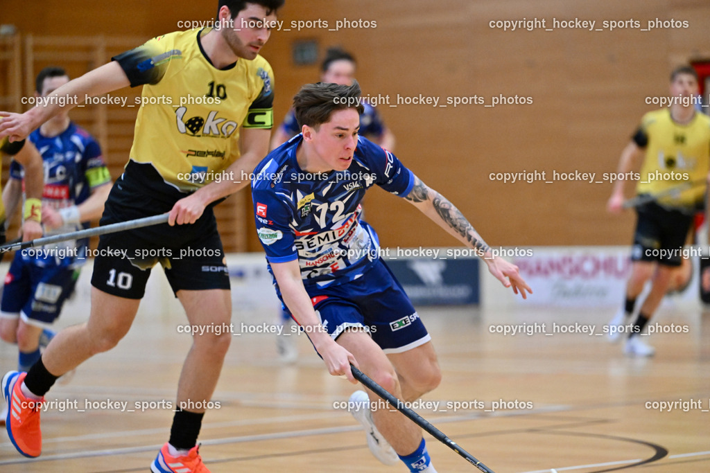VSV Unihockey  vs. FBK Loka  | #10 Luka Peklaj FBK Loka, #72 Niklas Fechtig VSV Unihockey, VSV Unihockey  vs. FBK Loka , VSV Unihockey  vs. FBK Loka  am 25.01.2026 in Villach (Ballspielhalle St. Martin), Austria, (Photo by Bernd Stefan)