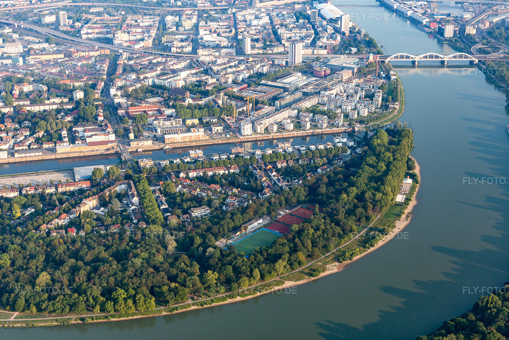 Luftbild: Parkinsel Stadtpark am Rhein im Ortsteil Süd in Ludwigshafen im Bundesland Rheinland-Pfalz in Deutschland. Foto: IMG_116865.jpg vom 25.08.2019 durch Werner Riehm/FLY-FOTO.de