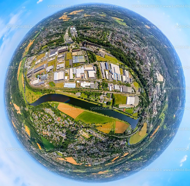 Hattingen230790254_Gewerbegebiet Henrichtshuette | Luftbild, Gewerbegebiet Henrichshütte, Landschaftspark und Industriemusem, Erdkugel, Fisheye Aufnahme, Fischaugen Aufnahme, 360 Grad Aufnahme, tiny world, Welper, Hattingen, Ruhrgebiet, Nordrhein-Westfalen, Deutschland