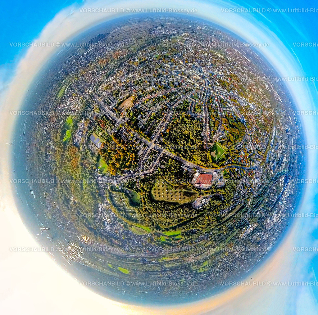 Bottrop20221006_1JSueden | Luftbild, Bottrop Süd, grüne Lunge, Südring,  Fisheye Aufnahme, Fischaugen Aufnahme, 360 Grad Aufnahme, Süd, Bottrop, Fisheyeaufnahme, Ruhrgebiet, Nordrhein-Westfalen, Deutschland