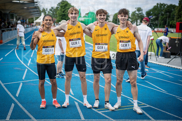 Juniorengala 2026; Mannheim, 14.06.2026 | MANNHEIM, GERMANY - JUNE 14, 2026 :  4x100m relay Team: (not in order) STEWART, Tyrese (2008); SCHMIDT, Lennox (2008); MAWUMBA, Alvin (2007); KEMMINER, Jakob (2007) during the Juniorengala 2026 at Michael-Hoffmann-Stadion on June 14, 2026 in Mannheim, Germany.
