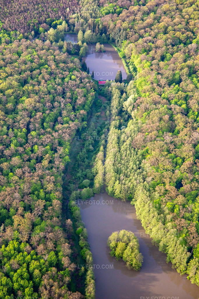 Aerial view: Gross Schwarzweiher in Niederstinzel in the state Moselle, France. – Photo: IMG_140588.jpg taken on 05/01/2024 by Werner Riehm/FLY-FOTO.com – Resolution of the original: 3648 x 5472 px