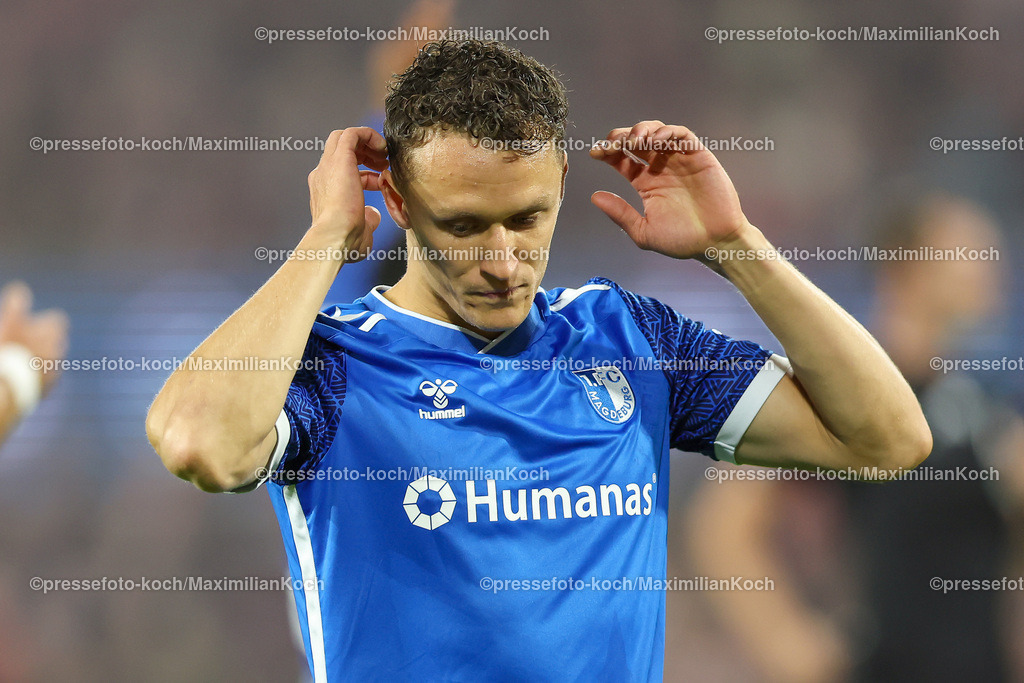 Koe14092401001 | 14.09.2024, 2. Fußball Bundesliga, 1. FC Köln - 1. FC Magdeburg, RheinEnergieSTADION, Saison 2024 2025: Martijn Kaars (1.FC Magdeburg #9) enttäuscht nach dem SchussDFB regulations prohibit any use of photographs as image sequences and or quasi-video.