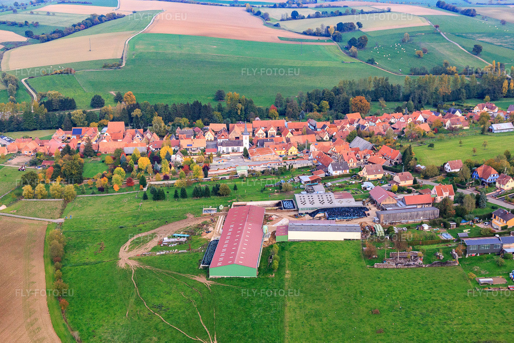 Vue aérienne: Vue de la ville depuis le sud-ouest à Bischholtz dans le département Bas Rhin, France – .Photo: IMG_084820.jpg prise le 24/10/2015 par Werner Riehm/FLY-FOTO.eu – Résolution de l'original: 5251 x 3501 px