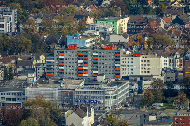 Herne241016084 | Luftbild, Stadtwerke-Haus und Mehrfamilien-Hochhaus mit farbigen Balkonen, Holsterhausen, Herne, Ruhrgebiet, Nordrhein-Westfalen, Deutschland
