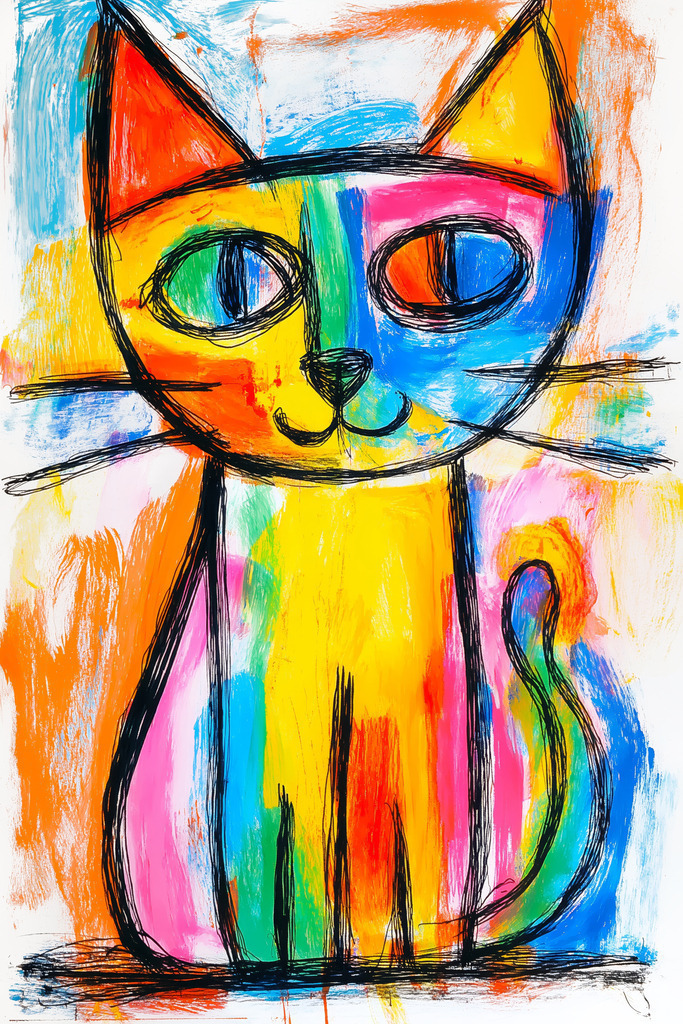 2604005 - Abstrakte bunte Katze | Ein farbenfrohes Katzenmotiv in einer reduzierten, skizzenhaften Darstellung. Klare Linien treffen auf kräftige, ungleichmäßige Farbflächen und verleihen dem Bild einen lebendigen, modernen Charakter. Das Motiv wirkt verspielt und ausdrucksstark und eignet sich besonders für kreative und farbenfrohe Räume.