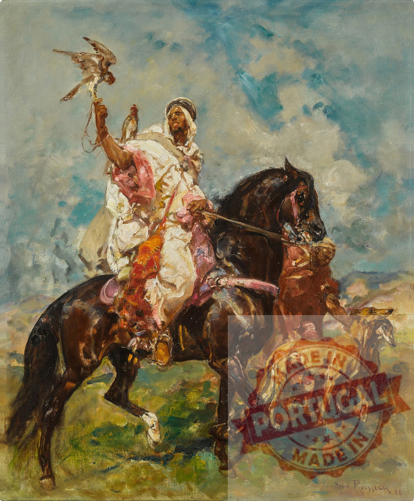 Arab falconer riding horse hunting with hounds. Henri Rousseau | Arab man on horseback holding a falcon with hounds running in a landscape - Realisiert mit Pictrs.com