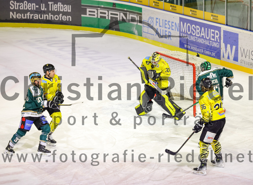 2025-12-28_109_TSV_Erding_gegen_onesto_Tigers_Bayreuth | Erding, Deutschland, 28.12.2025:Eishockey, Oberliga Süd 2025 / 2026, 31. Spieltag, TSV Erding gegen onesto Tigers Bayreuth, Endergebnis: 6:5 n.V.Thomas Matheson (Erding Gladiators, #37), Torwart Maximilian Meier (onesto Tigers Bayreuth, #30), Philipp Michl (Erding Gladiators, #77), Sam Verelst (onesto Tigers Bayreuth, #36)Foto: Christian Riedel / fotografie-riedel.net