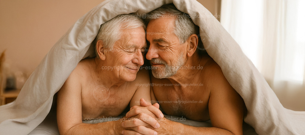 Ältere Herren kuscheln gemeinsam im Bett | Innige Beziehung zweier älterer Männer. In eine Bettdecke gekuschelt umarmen sich zwei ältere homosexuelle Männer. Sie genießen das Zusammensein. Ausgearbeitetes KI generiertes Bild.