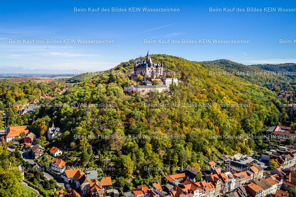 Schloß Wernigerode-0027 | Luftbild von Schloss Wernigerode im Landkreis Harz in Sachsen-Anhalt. Die historische Schlossanlage liegt auf einer bewaldeten Bergkuppe oberhalb der Stadt Wernigerode und prägt die Landschaft des Harzes. - Realisiert mit Pictrs.com
