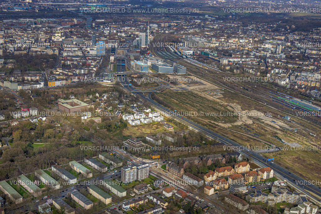 Duisburg240303742 | Luftbild, Baugebiet Alter Güterbahnhof für "Duisburger Dünen", Blick zum Hbf Hauptbahnhof, Dellviertel, Duisburg, Ruhrgebiet, Nordrhein-Westfalen, Deutschland, Duisburg-S