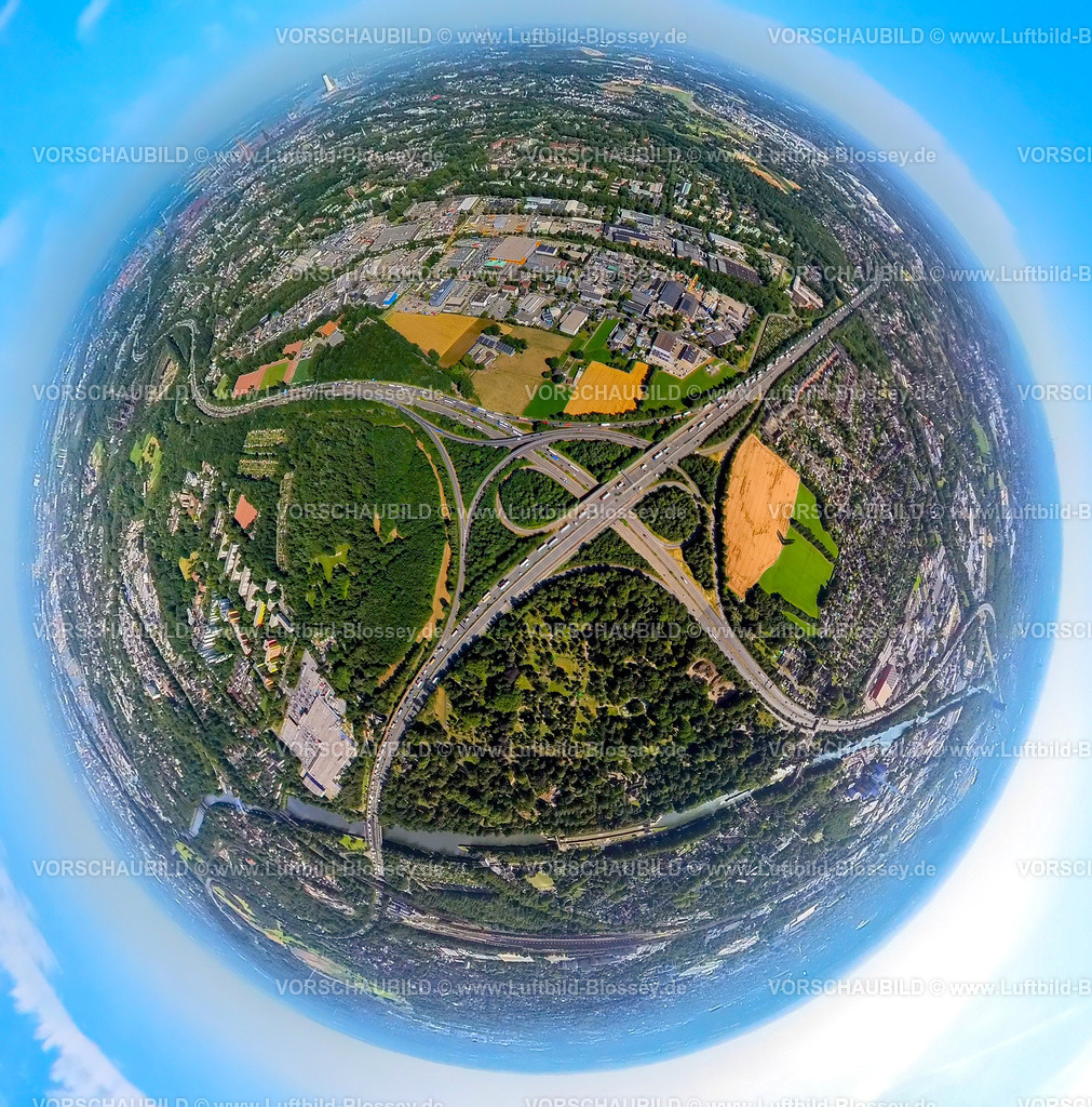 Duisburg230790193_A3_A42_Autobahnkreuz | Luftbild, Autobahnkreuz Oberhausen-West, Autobahn A3 und Autobahn A42, Verkehrsstau, Erdkugel, Fisheye Aufnahme, Fischaugen Aufnahme, 360 Grad Aufnahme, tiny world, Obermeiderich, Duisburg, Ruhrgebiet, Nordrhein-Westfalen, Deutschland