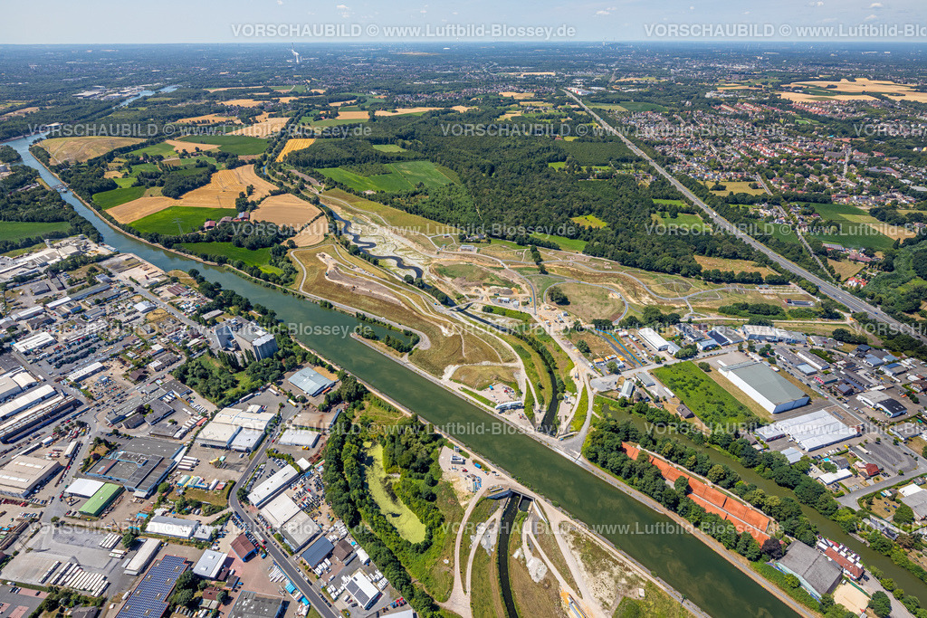 Castrop-Rauxel220706251 | Luftbild, Emscherbaustelle für Emscherland, Emscherdüker, Wasserkreuz Castrop-Rauxel, Fluss Emscher Unterführung und Rhein-Herne-Kanal, Fluss Emscher Mäander, Henrichenburg, Castrop-Rauxel, Ruhrgebiet, Nordrhein-Westfalen, Deutschland