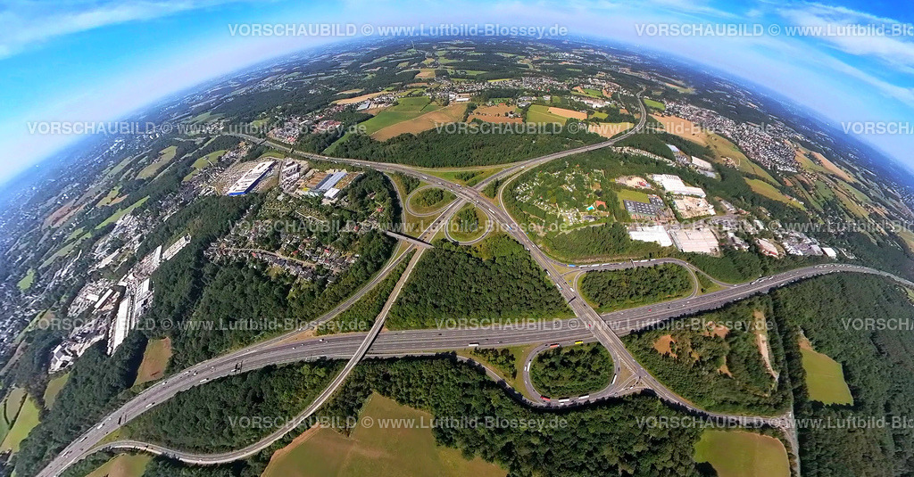 Sprockhoevel20220823BAB1c | Luftbild, Autobahnkreuz Wuppertal-Nord, Autobahn A1 und Autobahn A46, Fisheye Aufnahme, Fischaugen Aufnahme, 360 Grad Aufnahme, Halloh, Sprockhövel, Ruhrgebiet, Nordrhein-Westfalen, Deutschland
