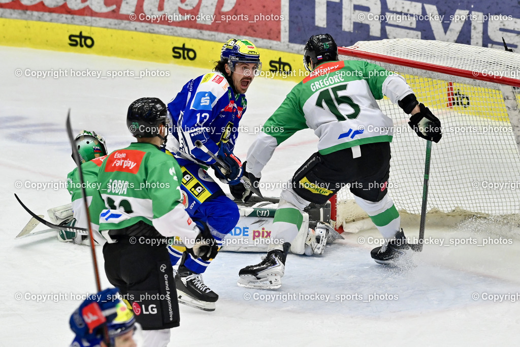EC IDM WÄRMEPUMPEN VSV vs. Olimpija Ljubljana | #15 Blaz Gregorc Olimpija Ljubljana, #30 Luka Kolin Olimpija Ljubljana, #13 Adam Helewka EC VSV, #23 Jaka Sodja Olimpija Ljubljana, EC IDM WÄRMEPUMPEN VSV vs. Olimpija Ljubljana, EC IDM WÄRMEPUMPEN VSV vs. Olimpija Ljubljana am 01.02.2026 in Villach (Stadthalle Villach), Austria, (Photo by Bernd Stefan)