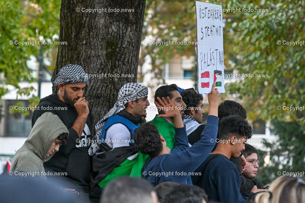 Demonstration_ Paleastina_ Linz_ 22.10.2023-69 | 22.10.2023, Linz, AUT, Demonstration Paleastina in Linz Volksgarten, im Bild Palästina, Gaza, Demoteilnehmer, Teilnehmer, Kundgebung, Plakate, Fahnen, Polizei, Beamte, Polizeifahrzeuge, Einsatzkraefte