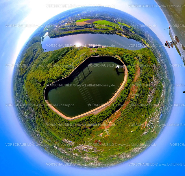 Herdecke240590191Hensteysee_RWE-Pumpspeicherbecken | Luftbild, Hengsteysee mit Koepchenwerk RWE Pumpspeicherkraftwerk und Speicherbecken, Ardeygebirge Waldgebiet, Erdkugel, Fisheye Aufnahme, Fischaugen Aufnahme, 360 Grad Aufnahme, tiny world, little planet, fisheye Bild, , Herdecke, Ruhrgebiet, Nordrhein-Westfalen, Deutschland