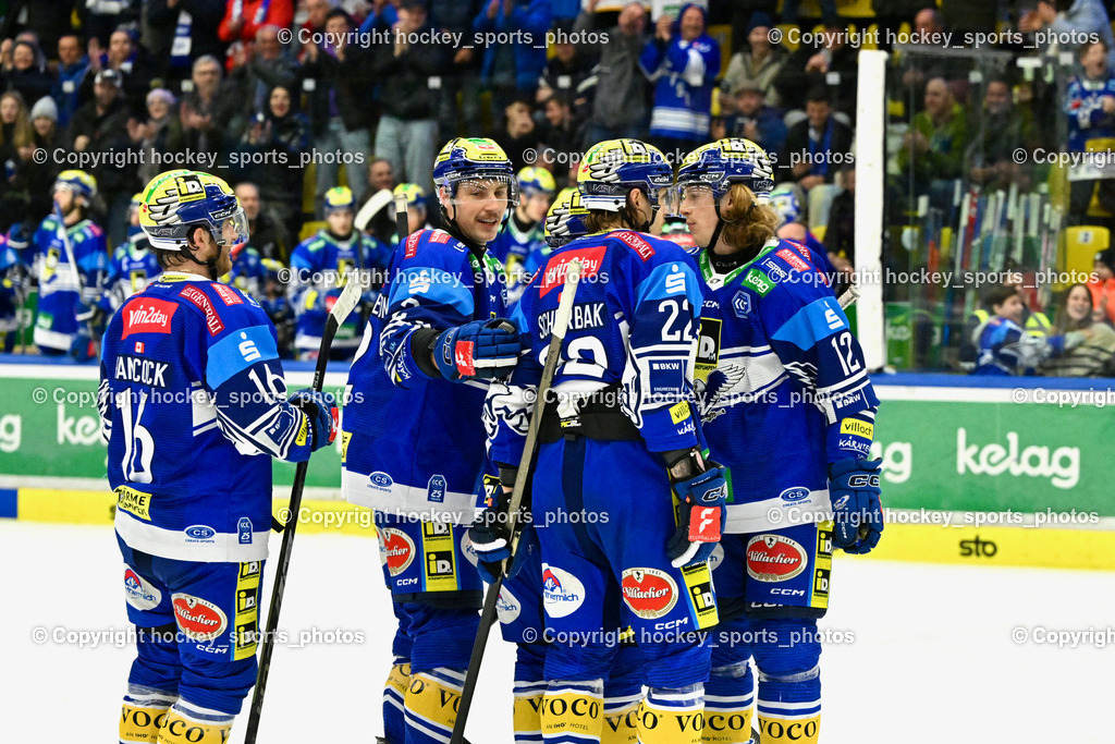 EC IDM Wärmepumpen VSV vs. STEINBACH BLACK WINGS LINZ  | Jubel EC VSV Mannschaft, #16 HANCOCK Kevin EC VSV, #22 SCHERBAK Nikita EC VSV, #2 MACPHERSON Dylan EC VSV, #12 Pearson Chase EC VSV, EC IDM Wärmepumpen VSV vs. STEINBACH BLACK WINGS LINZ , EC IDM Wärmepumpen VSV vs. STEINBACH BLACK WINGS LINZ  am 28.01.2025 in Villach (Stadthalle Villach), Austria, (Photo by Bernd Stefan)