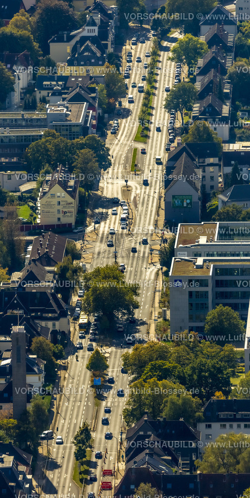 Essen241001708 | Luftbild, Alfredstraße Bundesstraße B224 zwischen Grugaplatz und Holunderweg, Bäume im Mittelstreifen,  Wohngebiet, Rüttenscheid, Essen, Ruhrgebiet, Nordrhein-Westfalen, Deutschland