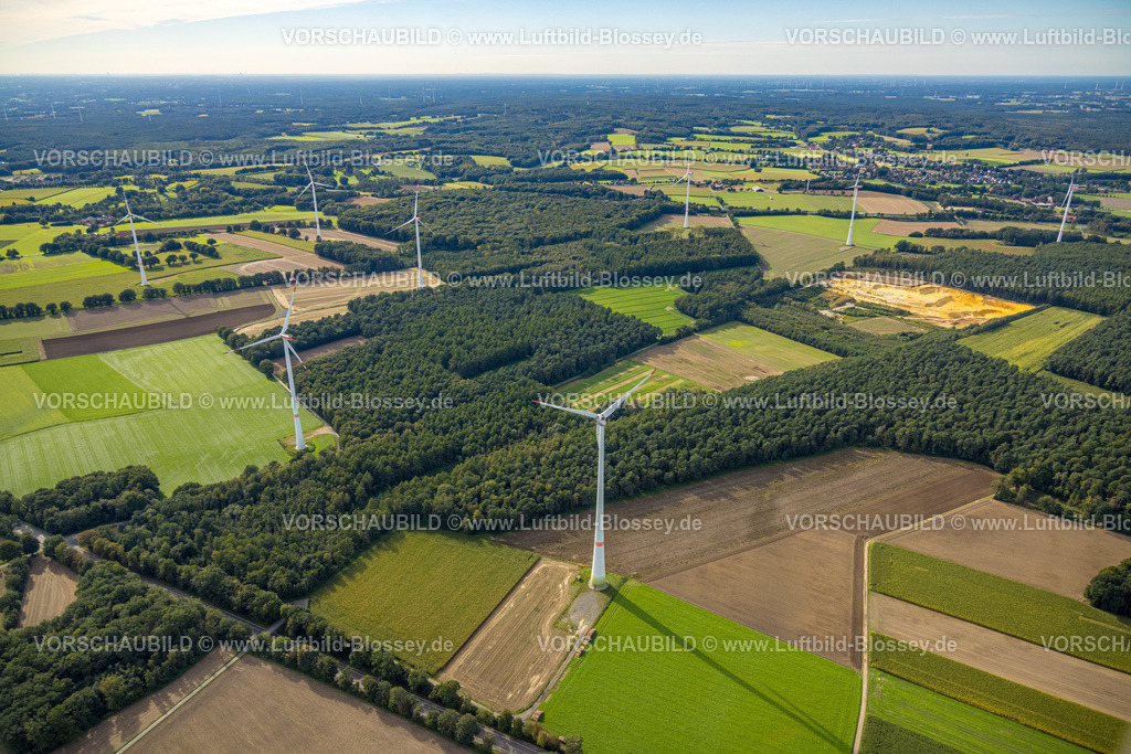 Haltern230905746 | Luftbild, Windräder im Waldgebiet mit Fernsicht, zwischen Münsterstraße und Lavesumer Straße, Uphusen, Haltern am See, Ruhrgebiet Münsterland, Nordrhein-Westfalen, Deutschland