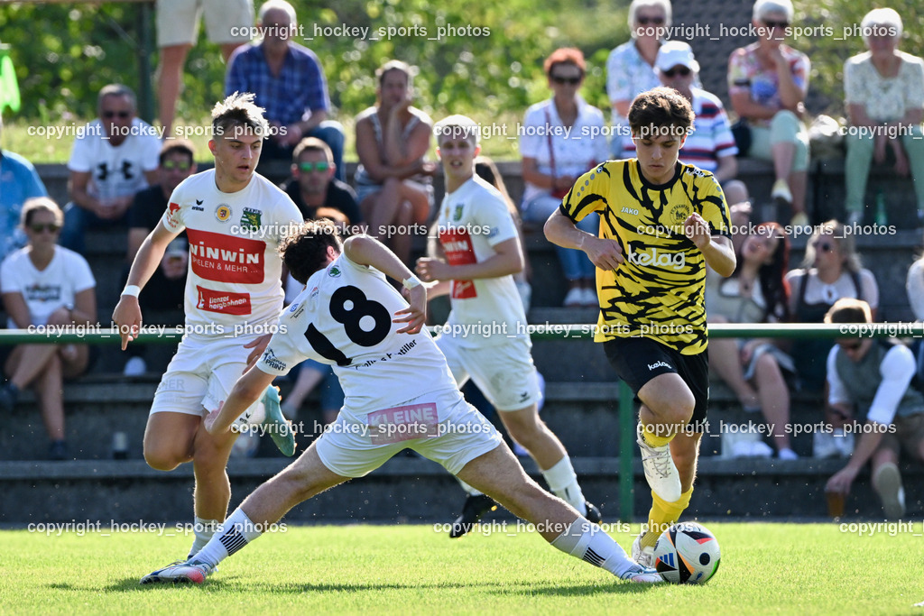 FC Faakersee vs. Rapid Lienz  | #16 Sandro Unterreiner Rapid Lienz, #18 Diego Mareschi Rapid Lienz, #7 Felix Michael Bachlechner FC Faakersee, FC Faakersee vs. Rapid Lienz , FC Faakersee vs. Rapid Lienz  am 04.08.2024 in Faakersee (Sportplatz Faakersee), Austria, (Photo by Bernd Stefan)