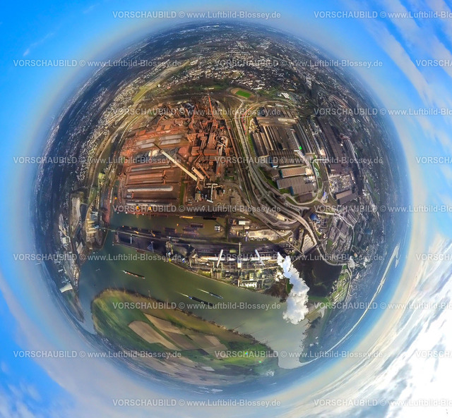 Duisburg240390009ThyssenSteel-2 | Luftbild, Thyssenkrupp Steel Europe Stahlwerk am Fluss Rhein, Werkshafen Schwelgern, Erdkugel, Fisheye Aufnahme, Fischaugen Aufnahme, 360 Grad Aufnahme, tiny world, little planet, fisheye Bild, Marxloh, Duisburg, Ruhrgebiet, Nordrhein-Westfalen, Deutschland, Duisburg-fish