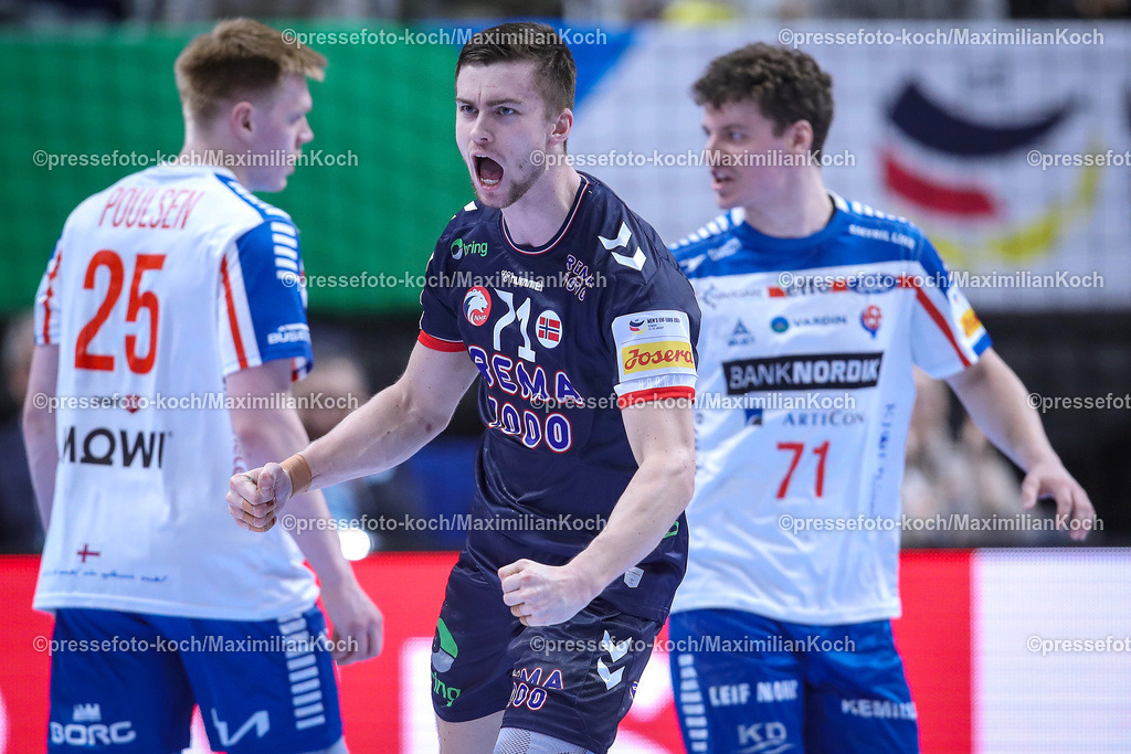 EHFEURO13012402192 | 13.01.2024, EHF EURO 2024, Männer Europameisterschaft Handball, Mercedes-Benz-Arena in Berlin, Färöer - Norwegen: Alexandre C. Blonz (Norwegen) jubelnd