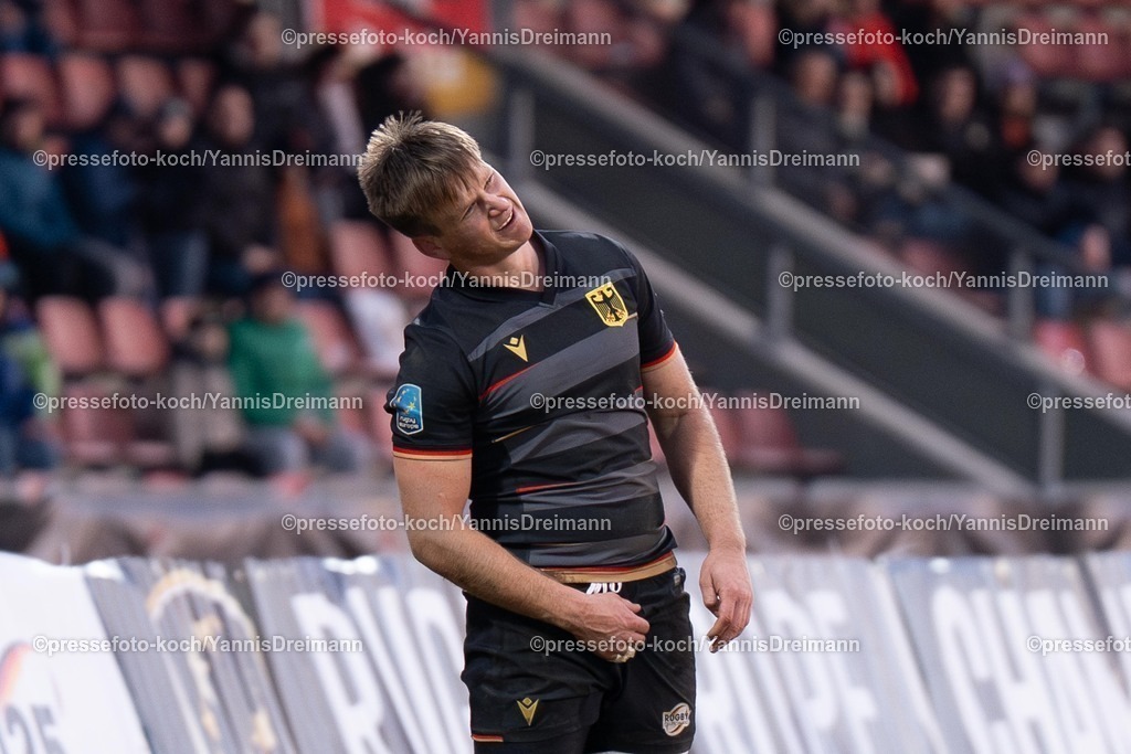 YDR1602250101052 | 16.02.2025, xydrx, Rugby Europe Championship, Deutschland - Belgien, 15er Männer, Auestadion Kassel: Leo Wolf (Deutschland #12) verärgert, enttäuscht
