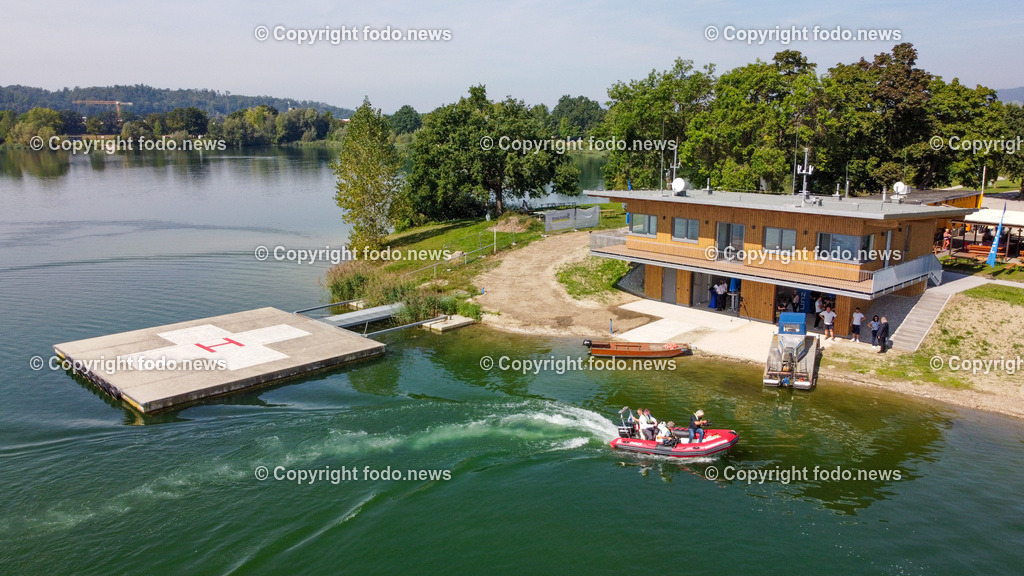 Linz AG_ Wasserrettung Pichlingersee_ 12.09.2023-29 | 12.09.2023, Linz Pichling, AUT, Linz AG, Eroeffnung des neuen Gebaeude der Wasserrettung, im Bild Wassserrettung, Gebaeude, Landeplatz Rettungshubschrauber, Pichlingersee, Drohne, Rettungsboot