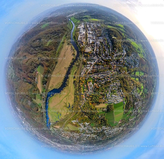 Wetter20221020_13-Wengern | Luftbild, Ortsansicht Ortsteil Wengern, Fluss Ruhr, Ruhraue Witten-Gedern, Ardeywald und Ardeygebirge in Herbstfarben, Fisheye Aufnahme, Fischaugen Aufnahme, 360 Grad Aufnahme, Wengern, Wetter, Ruhrgebiet, Nordrhein-Westfalen, Deutschland