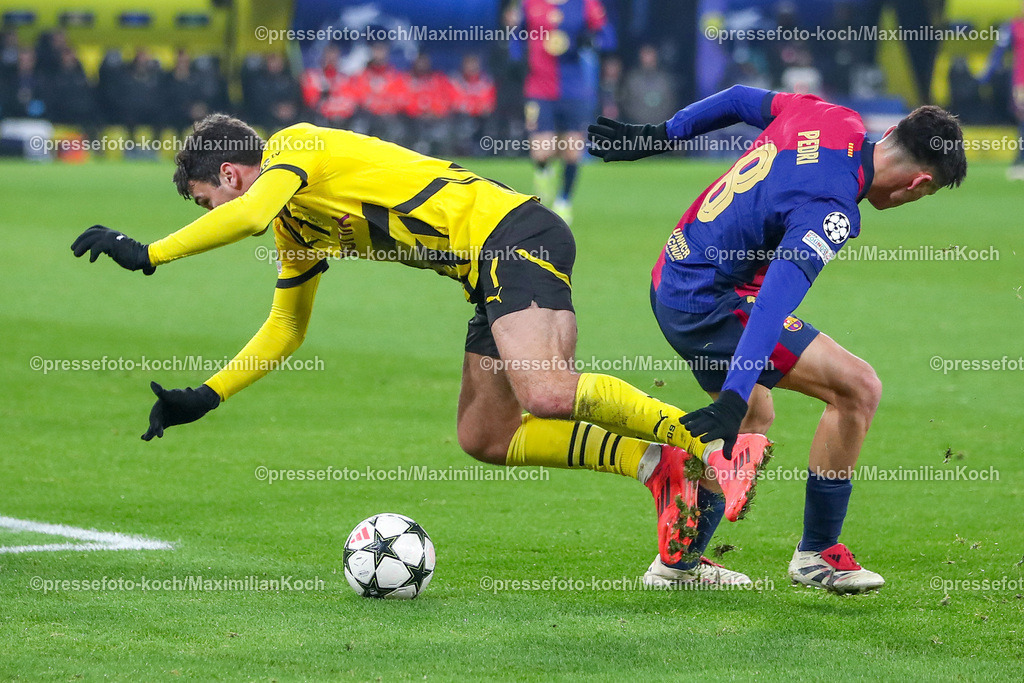 UCL11122401039 | 11.12.2024, UEFA Champions League, Borussia Dortmund - FC Barcelona, 8. Spieltag, Signal Iduna Park, Saison 2024 2025: Felix Nmecha (BVB #8) im zweikampf gegen Pedri (Barca #8)