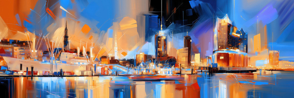 10260911 - Leuchtende Hamburg Skyline | Panoramablick von der Cap San Diego bis zur Elbphilharmonie im Stil eines wunderschönen modernen Gemäldes.  Jetzt als Wandbild oder Poster über "Bestellen" konfigurieren.