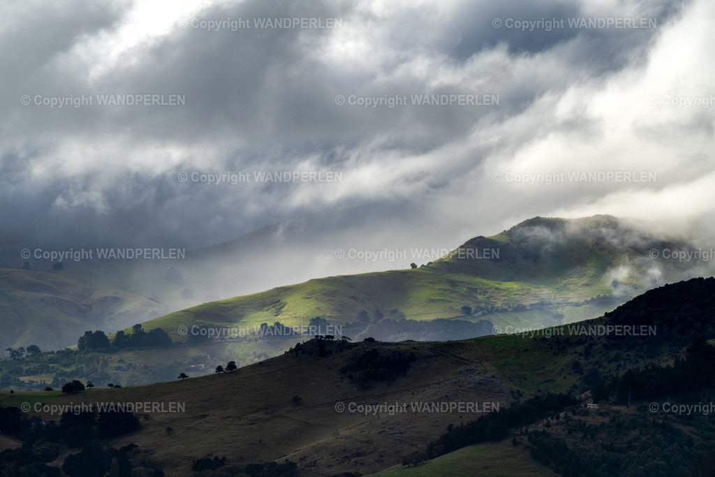 Banks Peninsula bei stürmischem Wetter | Eine weite Ansicht welliger, grüner Hügel wird teilweise von einer dichten Schicht niedriger Wolken, was eine stimmungsvolle, atmosphärische Szene erzeugt. Sonnenlicht dringt an einzelnen Stellen durch, beleuchtet Teile der Landschaft und wirft tiefe Schatten in Täler und Hänge. Das Bild zeigt einen Moment dynamischen Wetters, die Wolken ziehen schnell über die Landschaft. - Realisiert mit Pictrs.com