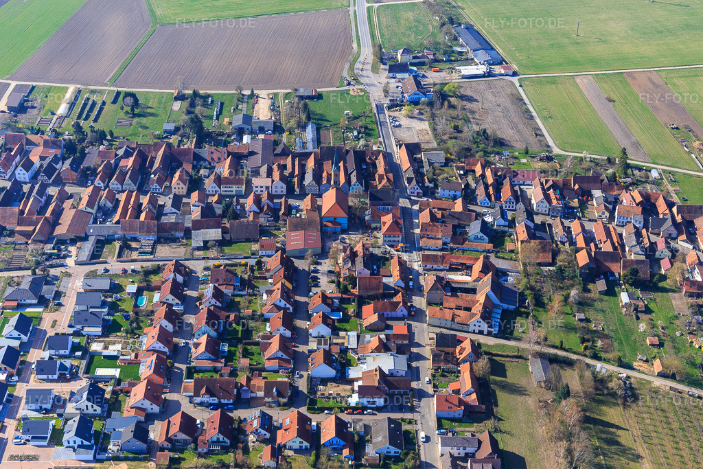 Luftbild: Haynaer Straße und Kandeler Straße in Erlenbach bei Kandel im Bundesland Rheinland-Pfalz in Deutschland. Foto: IMG_113321.jpg vom 30.03.2019 durch Werner Riehm/FLY-FOTO.de