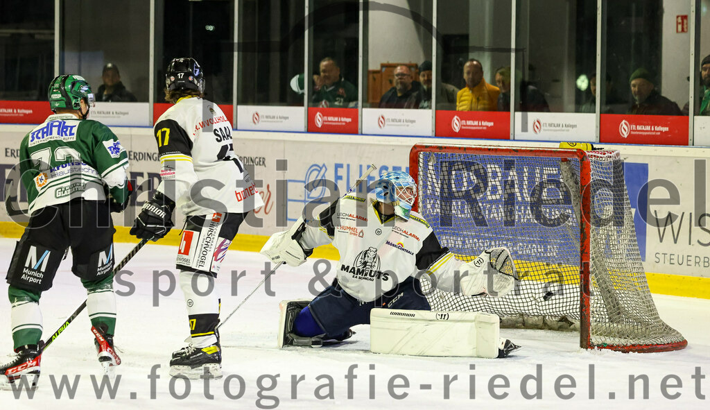 2023-11-17_133_TSV_Erding_gegen_EA_Schongau | Erding, Deutschland, 17.11.2023:
Eishockey, Bayernliga Vorrunde 2023 / 2024, 10. Spieltag, TSV Erding gegen EA Schongau, Endergebnis: 12:4

Leon Abstreiter (Erding Gladiators, #72), Stefan Saal (EA Schongau, #17), Torwart Xaver Nagel (EA Schongau, #80)

Foto: Christian Riedel / fotografie-riedel.net