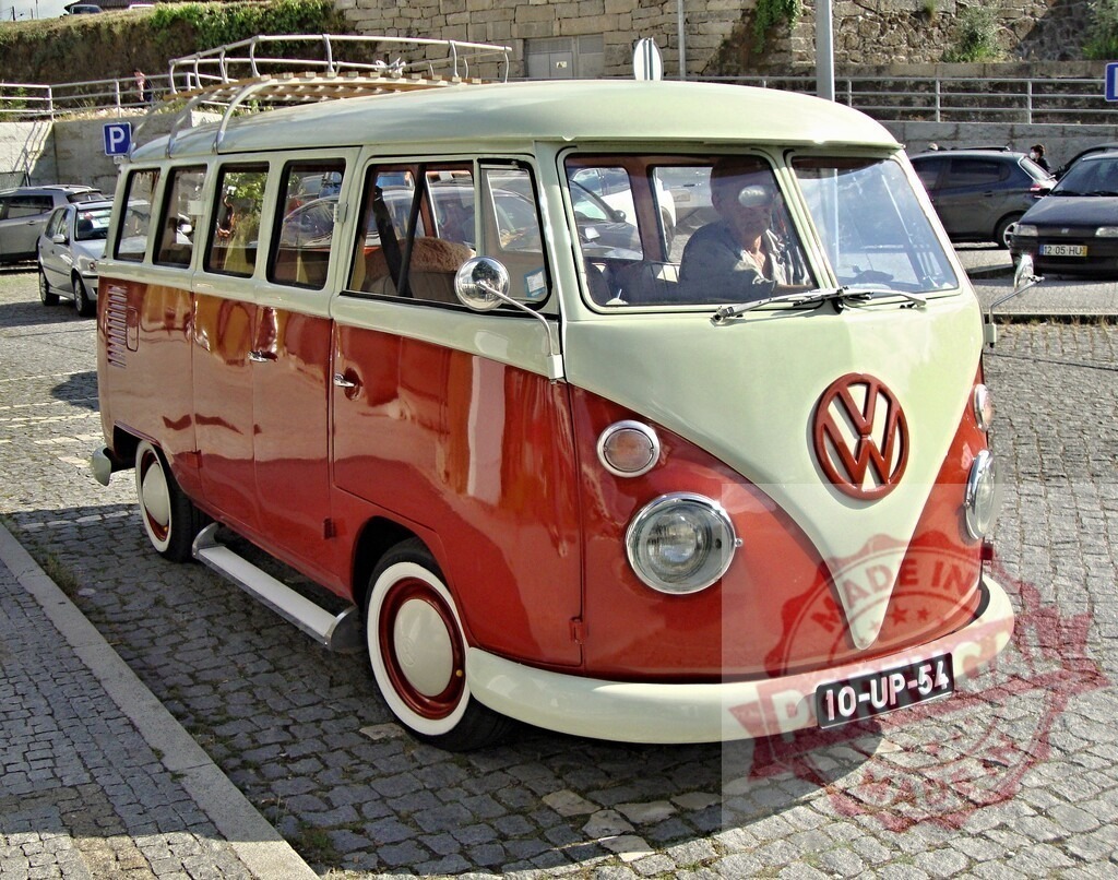 Classic Volkswagen Kombi Type 2 parked on cobblestone street | Restored Volkswagen Kombi Type 2 microbus parked on a cobblestone street, showcasing its vintage charm and iconic design - Realized with Pictrs.com