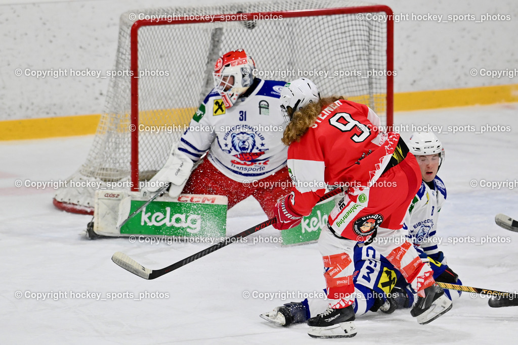 ESV Ferlach vs. UECR Eisbären Huben | #9 Steiner Markus ESV Ferlach, #8 Mattersberger Elias UECR EISBÄREN HUBEN, #31 Sicher Michael UECR EISBÄREN HUBEN, ESV Ferlach vs. UECR Eisbären Huben, ESV Ferlach vs. UECR Eisbären Huben am 31.10.2025 in Ferlach (HTC Eishalle Ferlach), Austria, (Photo by Bernd Stefan)