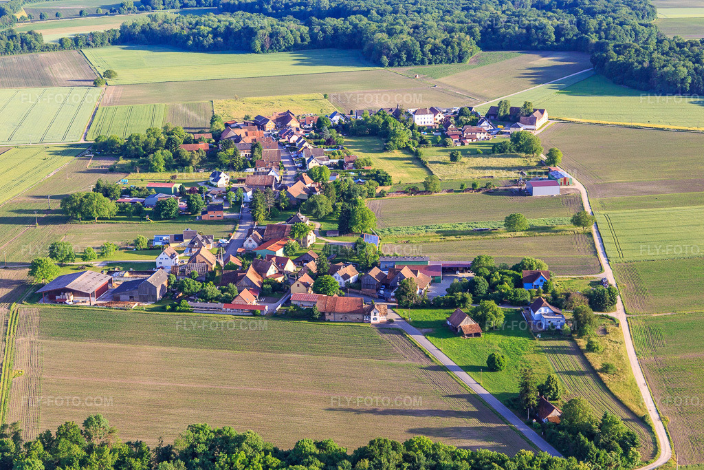 Aerial view: Village view from the north in Friesenheim in the state Bas-Rhin, France. – Photo: IMG_147348.jpg taken on 05/29/2025 by Werner Riehm/FLY-FOTO.com – Resolution of the original: 5472 x 3648 px