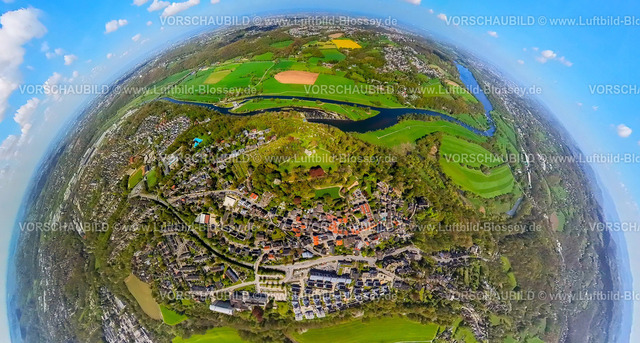 Hattingen230490842Blankenstein | Luftbild, Ortsansicht Blankenstein mit Burg Blankenstein, Ruhraue und Blick zum Kemnader See, Erdkugel, Fisheye Aufnahme, Fischaugen Aufnahme, 360 Grad Aufnahme, Blankenstein, Hattingen, Ruhrgebiet, Nordrhein-Westfalen, Deutschland