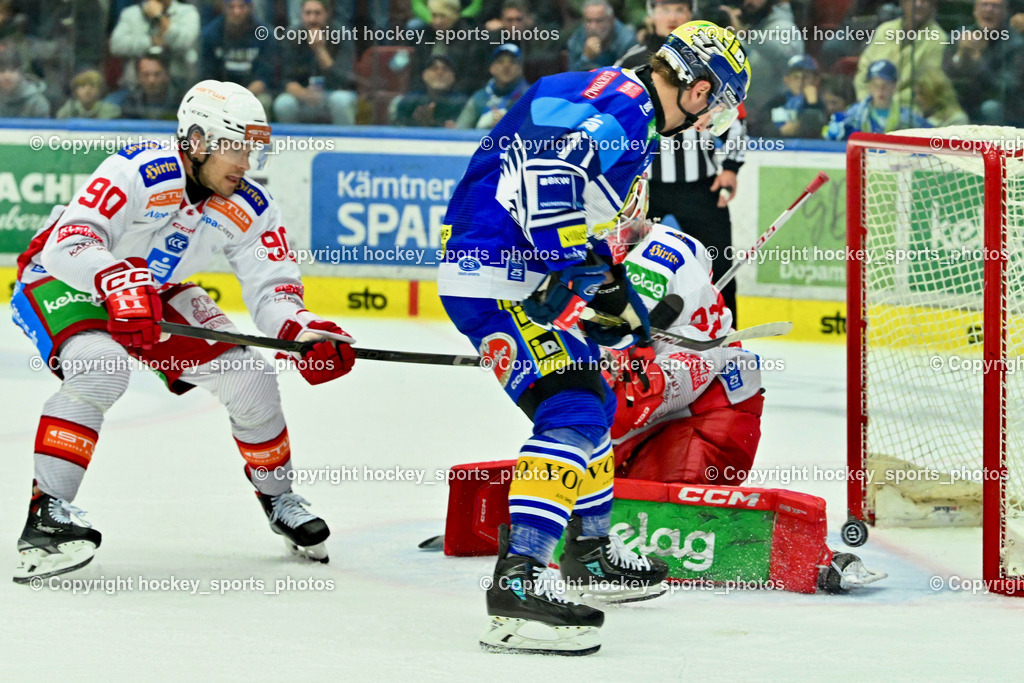 EC IDM Wärmepumpen VSV vs. EC KAC  | #90 Fraser Matthew EC KAC, #77 LINDNER Philipp EC VSV, #32 Dahm Sebastian EC KAC, Tor EC VSV, Game Winner, EC IDM Wärmepumpen VSV vs. EC KAC , EC IDM Wärmepumpen VSV vs. EC KAC  am 27.10.2024 in Villach (Stadthalle Villach), Austria, (Photo by Bernd Stefan)