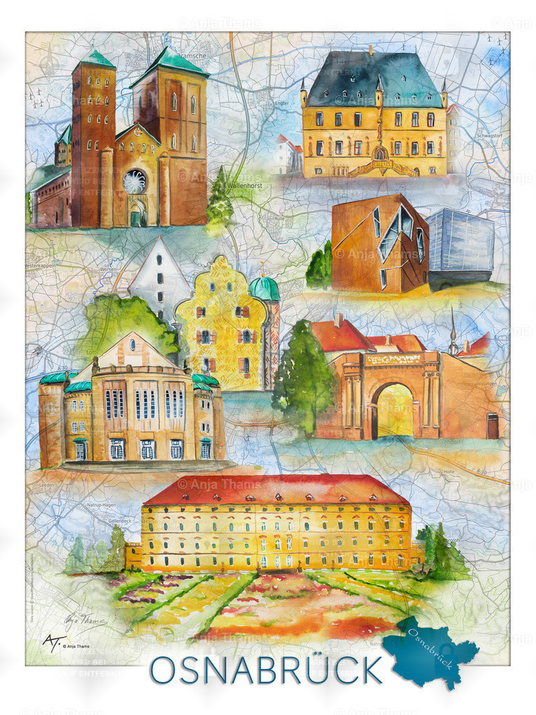 Stadtposter Osnabrück | Dieses farbenfrohe Aquarell gemalt auf der Landkarte von Osnabrück zeigt die schönsten Sehenswürdigkeiten dieser Stadt: Dom, Rathaus, Ledenhof, Felix Nussbaumhaus, Waterlootor, Theater, Osnabrücker Schloss - Realisiert mit Pictrs.com