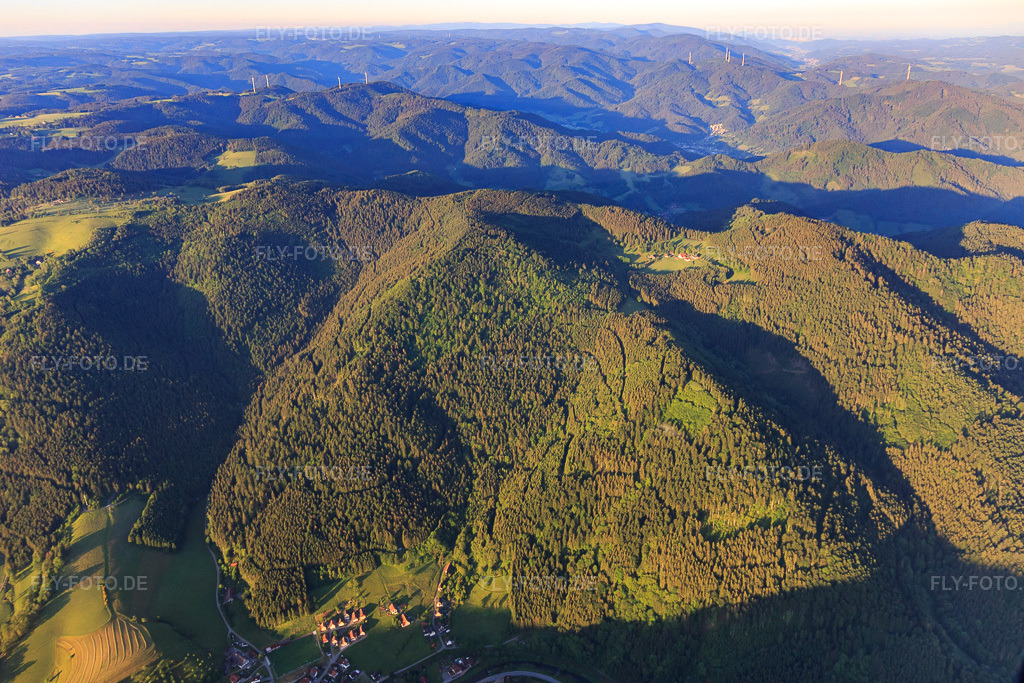 Luftbild: Blick zu einer Lichtung mt Schwarzwaldhof im Ortsteil Horben im Ortsteil Halbmeil in Wolfach im Bundesland Baden-Württemberg in Deutschland. Foto: IMG_114879.jpg vom 01.06.2019 durch Werner Riehm/FLY-FOTO.de