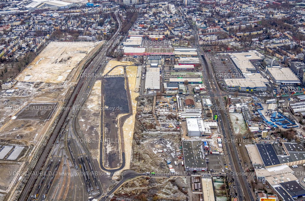 Dortmund221201689 | Luftbild, Baugelände Gewerbegebiet und Ansiedlung entlang der Bornstraße im Ortsteil Nordmarkt-Ost an der alten Westfalenhütte, für neue Wohnungen und neues Geschäftszentrum, Westfalenhütte, Nordmarkt, Dortmund, Ruhrgebiet, Nordrhein-Westfalen, Deutschland