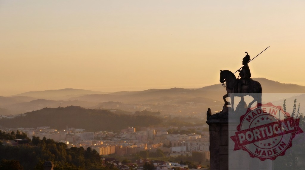 Equestrian statue of Saint Longinus overlooking Braga cityscape at sunset. Region Norte - Portugal | Saint Longinus equestrian statue silhouetted against a golden sky overlooking the city of Braga and distant mountains - Realisiert mit Pictrs.com